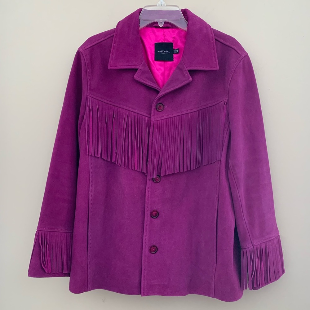 Nasty Gal purple/ orchid real suede oversized fringe jacket   Size US 8 - Picture 2 of 15